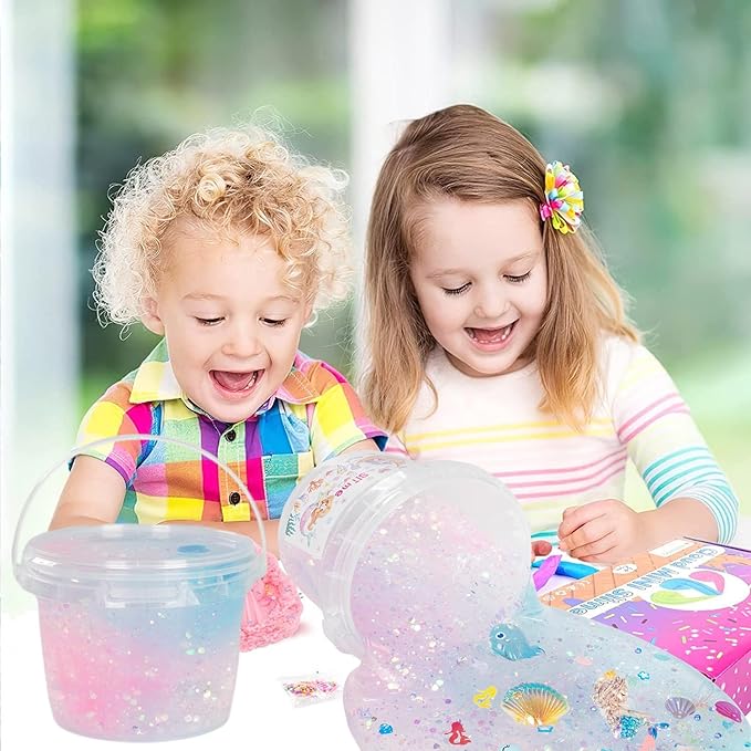 Mermaid Slime Kit,Clear Slime Bucket Kids Birthday Party,Stress Relief Slime Kit for Girls and Boys Handmade Slime Toy