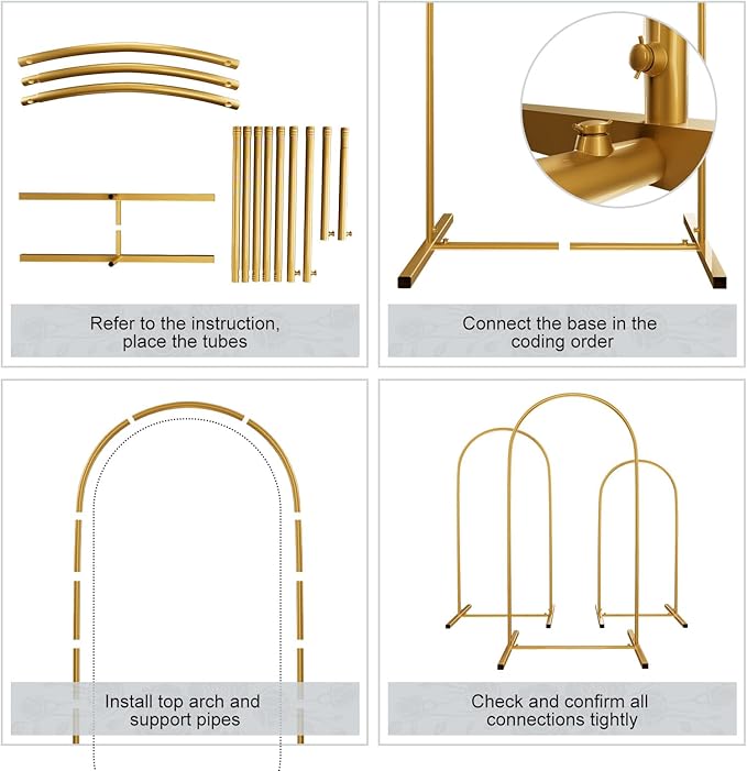 Metal Arch Backdrop Stand Set of 3, Heavy-Duty Balloons Arch Frame for Wedding Ceremony, Party, Baby Shower, Birthday Decorations (Gold, 7.2ft+6.6ft+6ft)