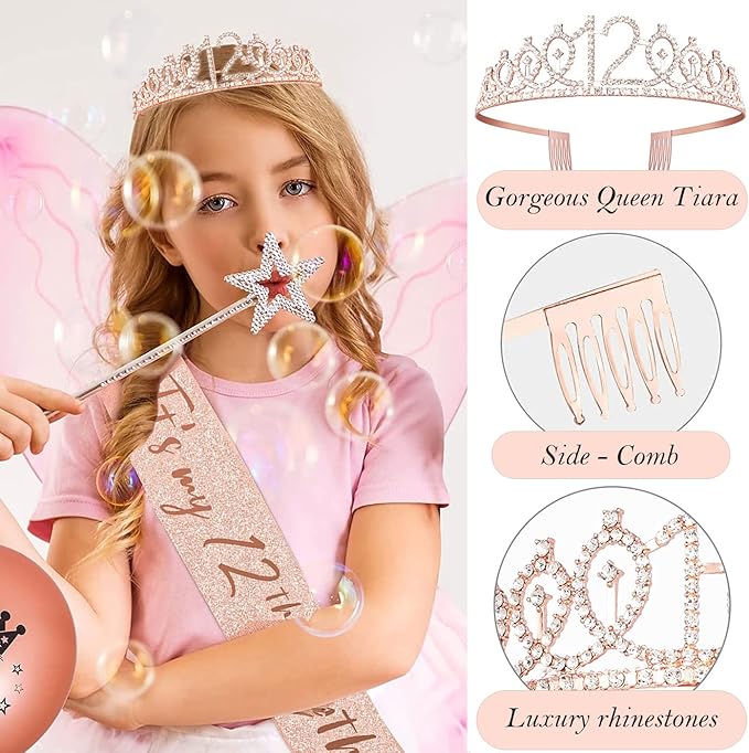 12th Birthday Decorations for Girls, Including 12 year old Cake Topper, Birthday Queen Sash with Pearl Pin, Sweet Rhinestone Tiara Crown, Number Candles and Balloons Set, Rose Gold