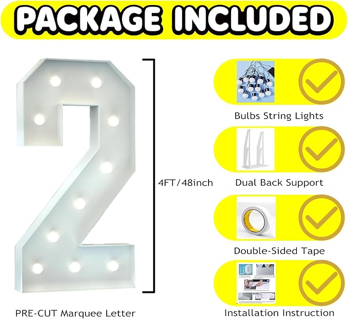 4FT Marquee Light Up Number, Giant Large Number PRE-CUT Foam Board Sign DIY Party Decor for Wedding, Birthday, Anniversary, Graduation, Holiday&Home Supplies (Number 2)