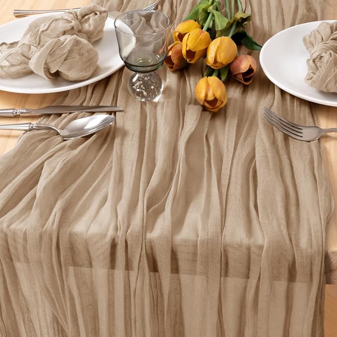 MLMC 12 Pack Nude Cheesecloth Table Runner 10ft Boho Rustic Gauze Taupe Cheese Cloth Table Runner Neutral Winter Decor 35x120 Inches for Reception Wedding Bridal Shower Party Decor