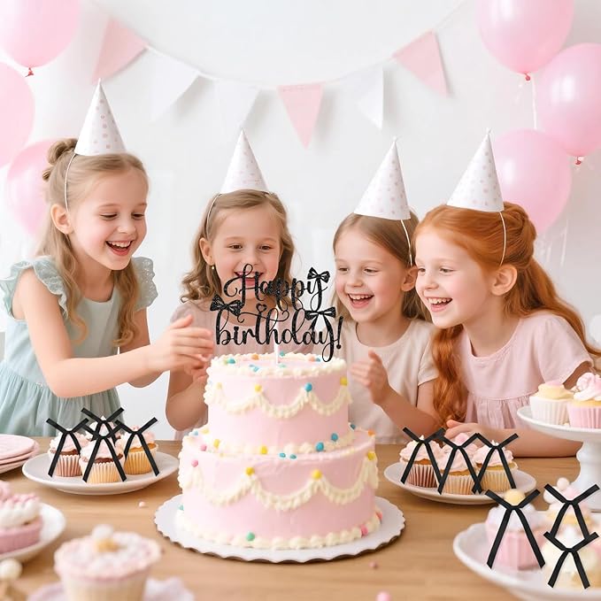 6 PCS Bow Cake Toppers Happy Birthday Cupcake Toppers Black Bows for Cake Coquette Birthday Decorations Party Decor Balloons High Footed Cup Wedding Party Supplies Baby Shower