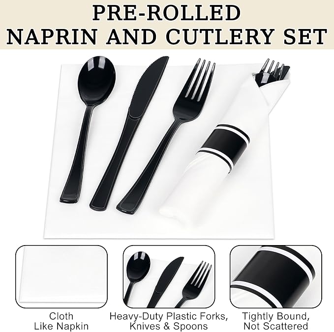 50 Pack Pre Rolled Black Plastic Silverware Set,Wrapped Plastic Cutlery Set with Napkin Include 50 Forks,50 Spoons,50 Knives and 50 White Napkins for Party,Wedding,Christmas