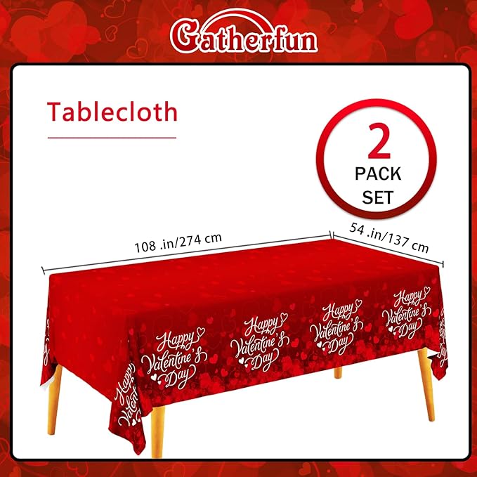 Valentine's Decorations : 2-Pack Waterproof, Disposable Tablecloths, 54x108, with Romantic Heart-Themed Design - Galentine's and Valentine's Party Supplies for Memorable Tables
