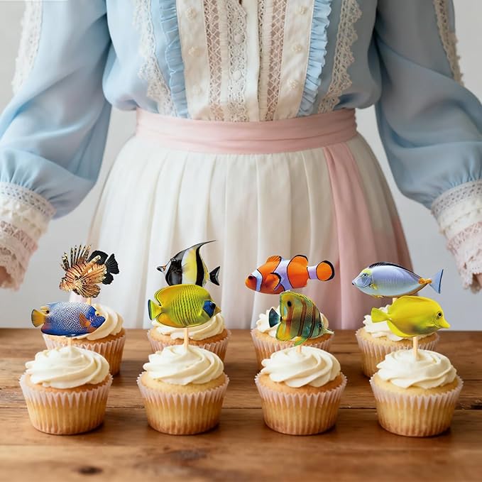 32pcs Ornamental fish Cupcake Toppers aquarium Theme Decorations Baby Shower Boys Girls Happy Birthday Party Tropical Party Cake Picks Under The Sea Decoration Supplies