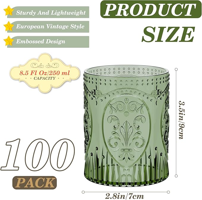 100 Plastic Vintage Drinking Glasses 8.5oz Stemless Retro Embossed Wine Glasses Shatterproof Reusable Cups for Baby Shower Wedding Reception Grand Event Party (Dark Green)