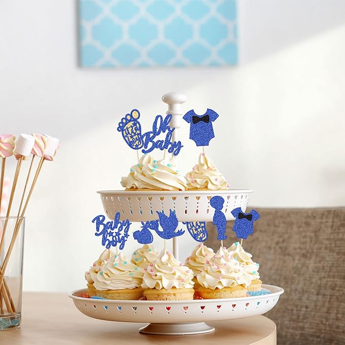 24Pcs Baby Shower Oh Baby Cupcake Toppers with Onesie Swan Baby Boy Footprint Deep Blue Glitter Cake Picks Decorations for Baby Shower Gender Reveal It's a Boy Birthday Party Supplies