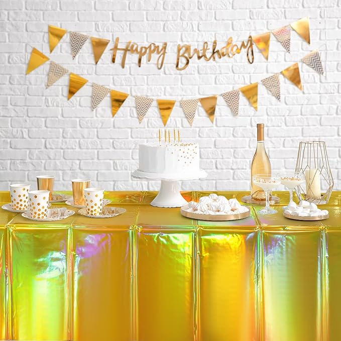 1 Pack Gold Iridescent Plastic Tablecloths Shiny Disposable Laser Rectangle Table Covers Holographic Foil Tablecloth Iridescent Party Decorations Birthday Bridal Wedding Christmas, 54 x 108 Inch