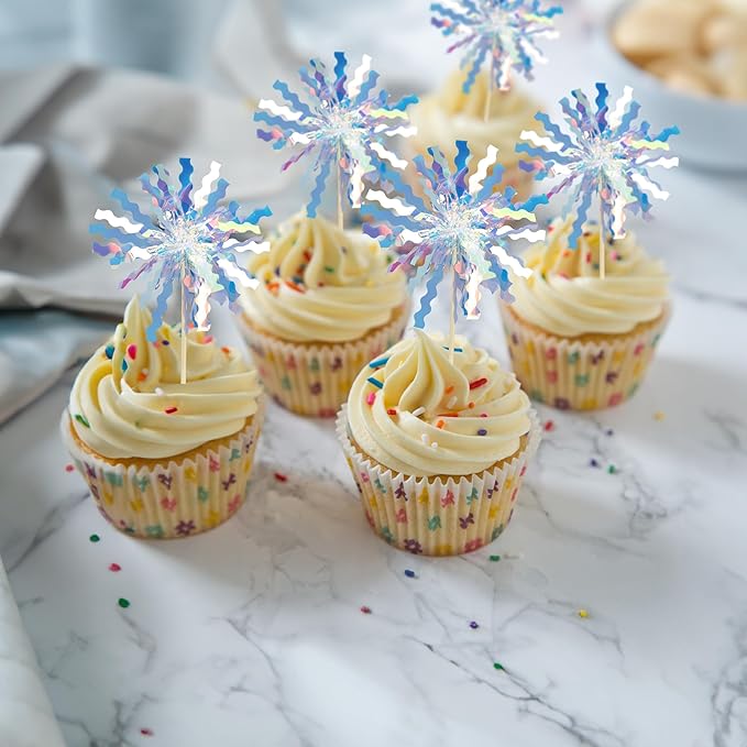 Gyufise 30Pcs Foil Firework Cupcake Toppers Happy Birthday Cake Toppers Tinsel Flower Drink Stirrers Cocktail Food Fruit Toothpicks for Valentine's Day Party Birthday Wedding Supplies Laser Silver