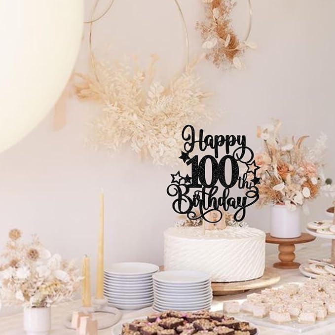1 PCS Happy 100th Birthday Cake Topper - Glitter Cheers to 100 Years Cake Pick - Hello 100 Fabulous Cake Decoration for Anniversary Party Supplies - Black