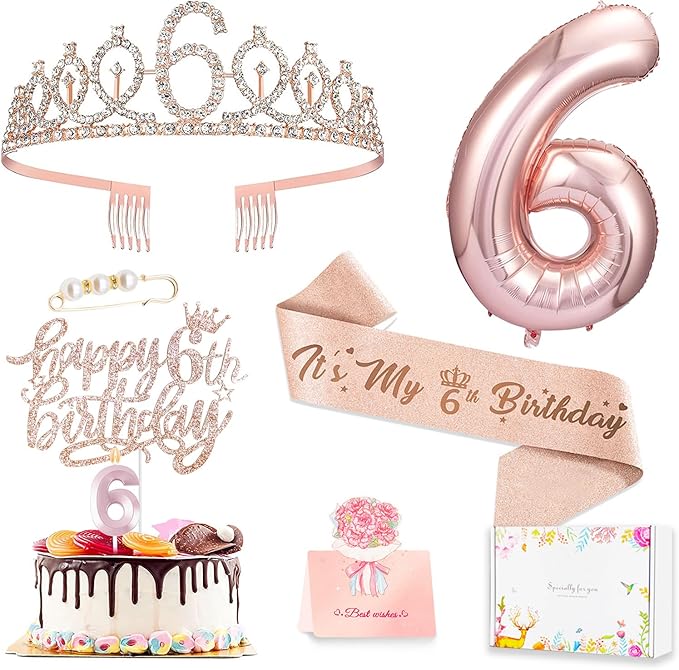 6th Birthday Decorations for Girls, Including 6 year old Birthday Cake Topper, Queen Sash with Pearl Pin, Sweet Rhinestone Tiara Crown, Number Candles and Balloons Set, Rose Gold