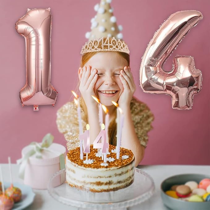 14th Birthday Decorations for Girls, 14th Birthday Sash and Crown, Cake Topper, Number Candles and Balloons, 14 Year Old Gifts for Girls