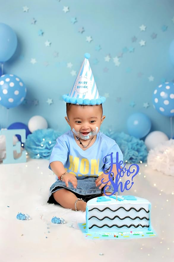 He or She Cake Topper - Glitter Gold Gender Reveal Cake Topper Decorations, Suitable for Baby Shower Favors, Baby Gender Reveal, Baby Birthday Party or Baby Photo Booth Props (Dark Blue)