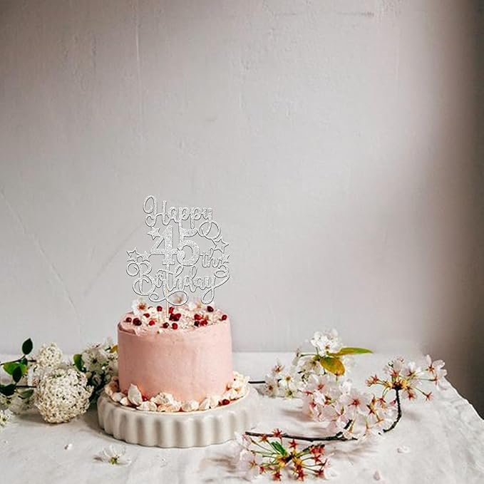 1 PCS Happy 45th Birthday Cake Topper Glitter Cheers to 45 Years Birthday Cake Pick Hello 45 Fabulous Cake Decoration for Happy 45th Birthday Anniversary Party Decorations Supplies silver