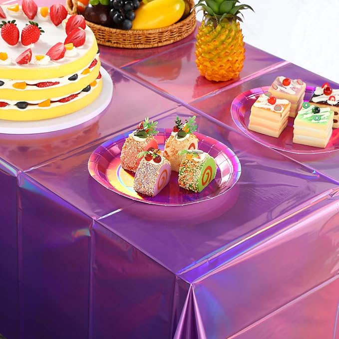 1 Pack Ombre Iridescent Pink and Purple Plastic Tablecloths, Shiny Disposable Laser Rectangle Table Covers Holographic Foil Tablecloth Iridescent Party Decoration Birthday Bridal Wedding, 54x108 Inch