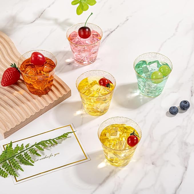 I00000 5oz 200 Pack Shot Glasses, Small Gold Glitter Disposable Plastic Cups,Plastic Party Cups for Vodka, Whiskey, Great Container for Sauce,Medicine and Pudding