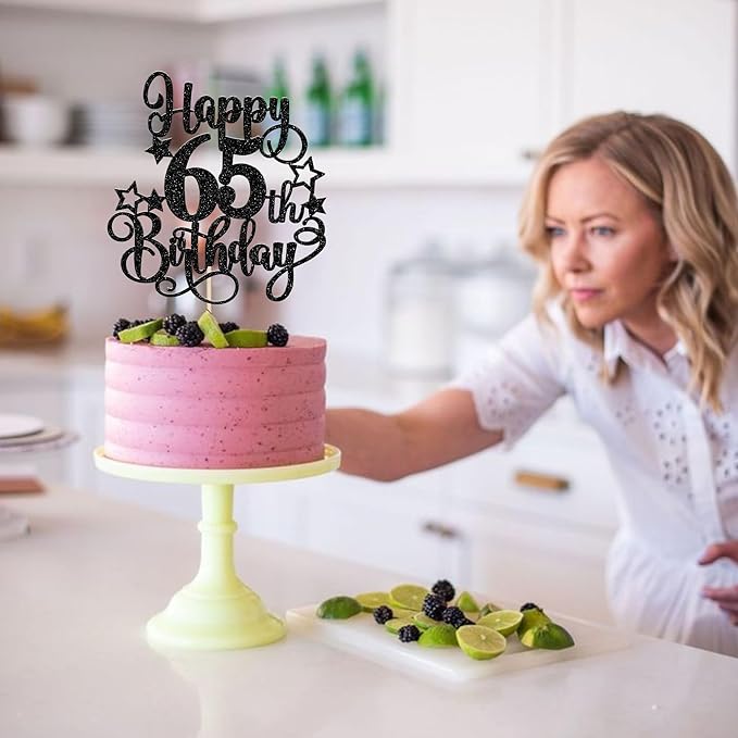 1 PCS Happy 65th Birthday Cake Topper Glitter Cheers to 65 Years Birthday Cake Pick Hello 65 Fabulous Cake Decoration for Happy 65th Birthday Anniversary Party Decorations Supplies Black