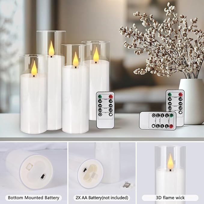 24-Pack Premium Flameless LED Candles - Elegant White & Clear Acrylic Pillar Design with Realistic Flickering Flame, Remote Control & Timer for Weddings, Christmas, Halloween & Home Decor