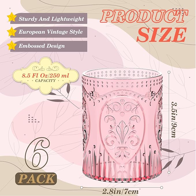 6 Plastic Vintage Drinking Glasses 8.5oz Stemless Retro Embossed Wine Glasses Shatterproof Reusable Cups for Baby Shower Wedding Reception Grand Event Party (Pink)