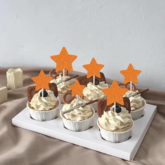 30 PCS Star Cupcake Toppers Glitter Assembled Twinkle Star Cupcake Picks Wedding Engagement Bridal Shower Birthday Party Cake Decorations Supplies Mixed Size Orange
