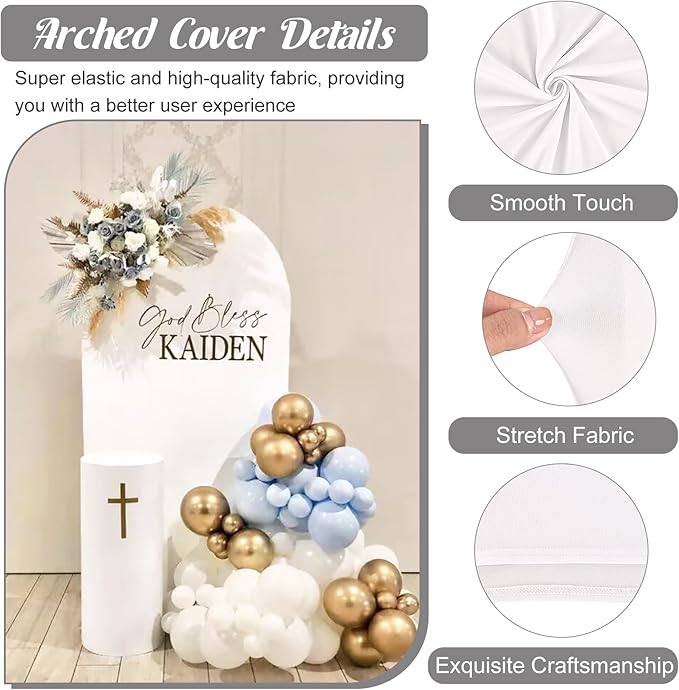Metal Arch Stand and Cover Set,1 White Spandex Fitted Backdrop with 1 Gold Wedding Arched Stand Frame for Parties Birthday Baby Shower Bridal Banquet Decoration (7.2FT)