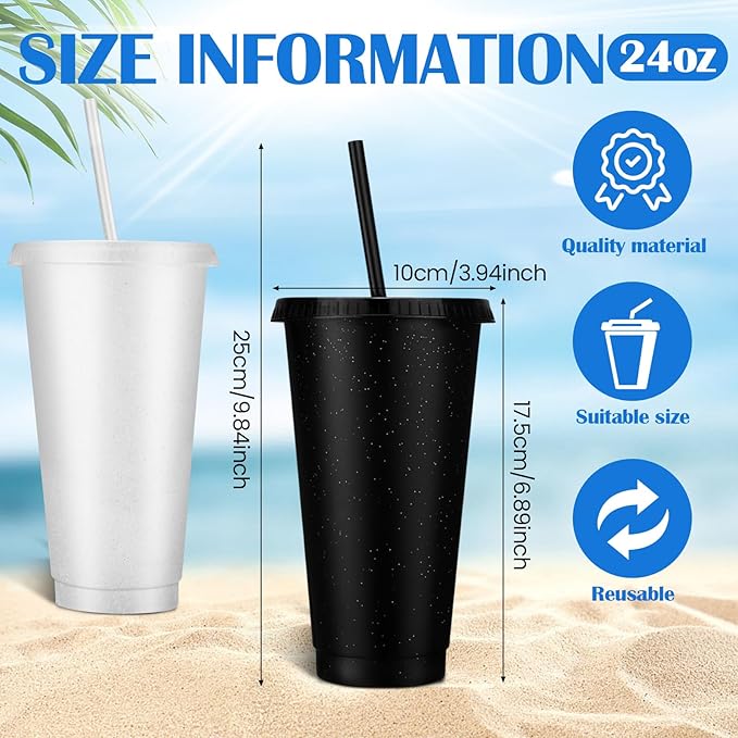 Honeydak 30 Pack Tumbler with Straw and Lid Bulk Cups for Gifts Glitter Plastic Coffee Cups 24-27 oz Reusable Water Bottle Iced Coffee Travel Mug Party Favors for Birthdays Travel (Black and Clear)