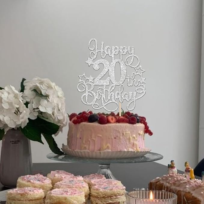 1 PCS Happy 20th Birthday Cake Topper Glitter Cheers to 20 Years Birthday Cake Pick Hello 20 Fabulous Cake Decoration for Happy 20th Birthday Anniversary Party Decorations Supplies silver