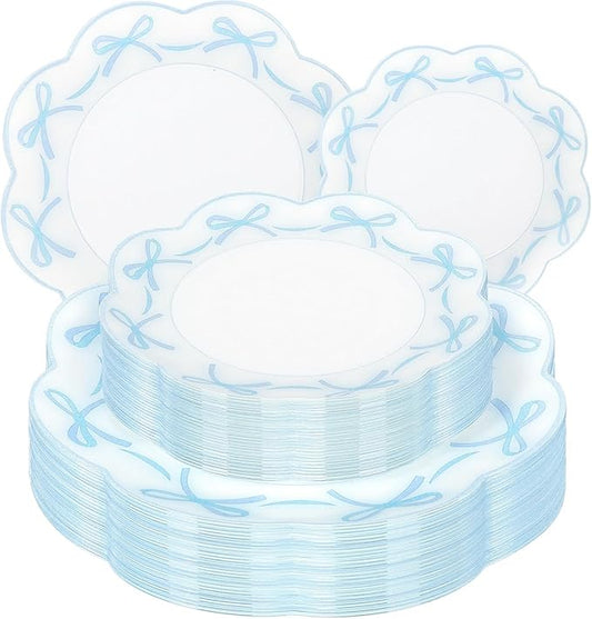 LIYH 60 Pcs Blue Bow Plastic Plates for Party - Blue Bow Knot Scalloped Plastic Plate Disposable Plates Set for Wedding Bridal Shower - 10.25" Dinner & 7.5" Dessert Plate