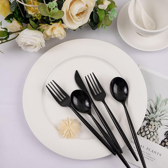 Supernal 180pcs Black Plastic Silverware Heavy Duty Black Party Cutlery Disposable Plastic Forks and Spoons Disposable Utensils Flatware Include 60 Forks,60 Knvies,60 Spoons