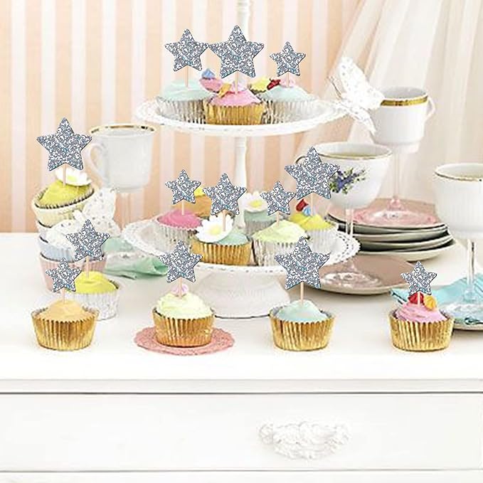 30 PCS Silver Little Star Cupcake Toppers Glitter Twinkle Star Cupcake Picks Bridal Shower Cake Decorations for Wedding Engagement Baby Shower Kids Birthday Party Supplies Mixed Size