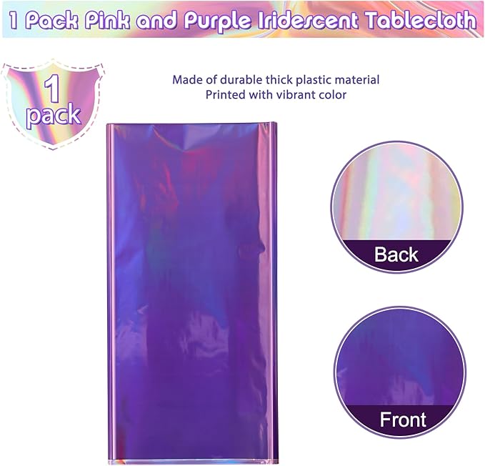 1 Pack Ombre Iridescent Pink and Purple Plastic Tablecloths, Shiny Disposable Laser Rectangle Table Covers Holographic Foil Tablecloth Iridescent Party Decoration Birthday Bridal Wedding, 54x108 Inch