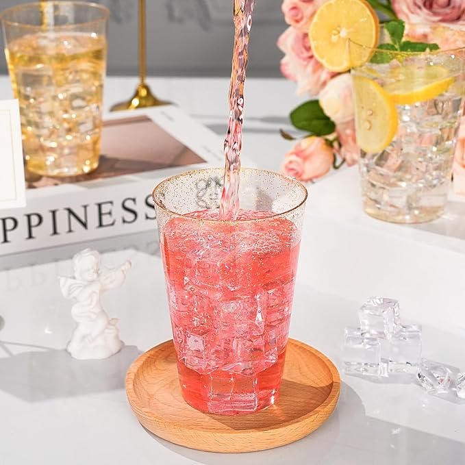 Goodluck 14 oz 100 PCS Gold Glitter Plastic Cups, Disposable Glitter Cups, Elegant Plastic Cocktail Glasses, Fancy Party Cups for Wedding, Birthday, Holiday