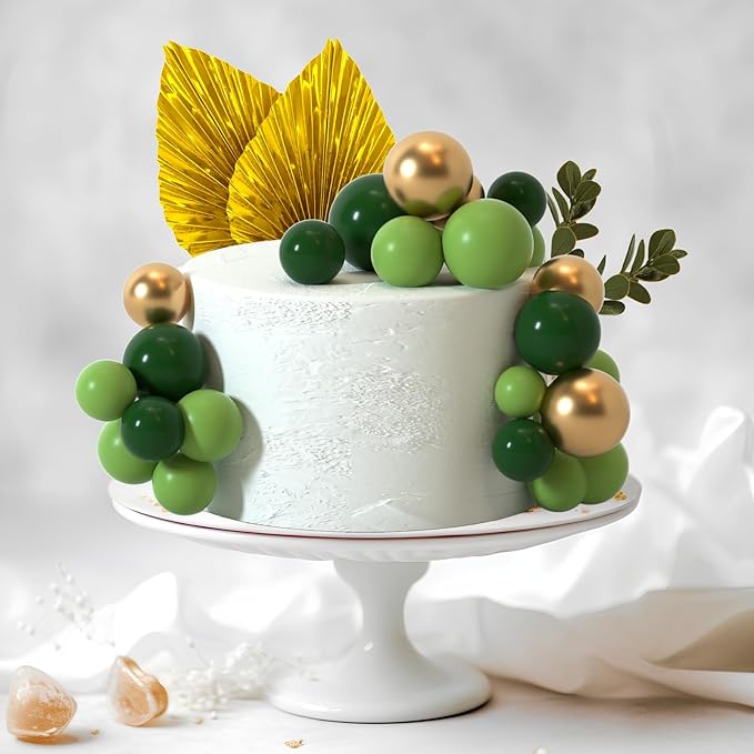 NEBURORA 64 Pcs Balls Cake Toppers and Leaves Decoration Set Mini Balloons for Cake Decorating Supplies Balls Cake decorations for Baby Shower Cake Toppers Birthday Cake Decorations (Green Gold）