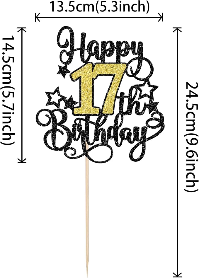 1 PCS Happy 17th Birthday Cake Topper Black Gold Glitter Cheers to 17 Years Birthday Cake Pick Hello 17 Fabulous Cake Decoration for Happy 17th Birthday Anniversary Party Decorations Supplies