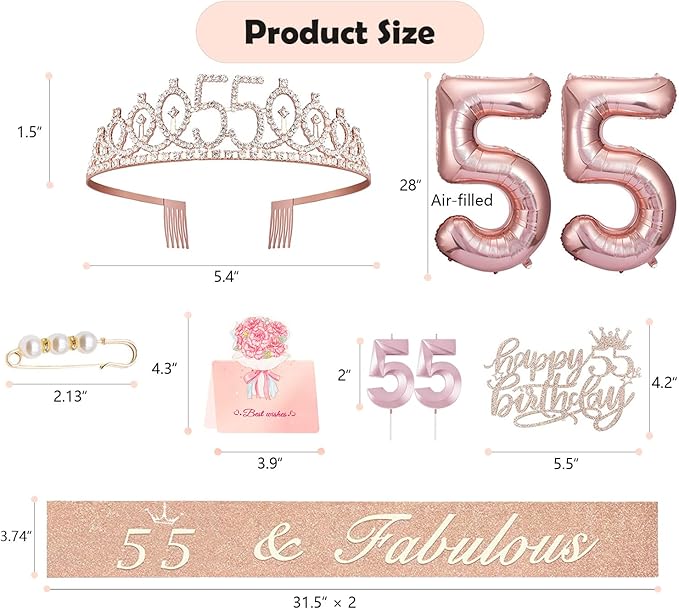 55th Birthday Decorations for Women, 55th Birthday Sash and Crown, Cake Topper, Number Candles and Balloons,, 55 Year Old Gifts for Women