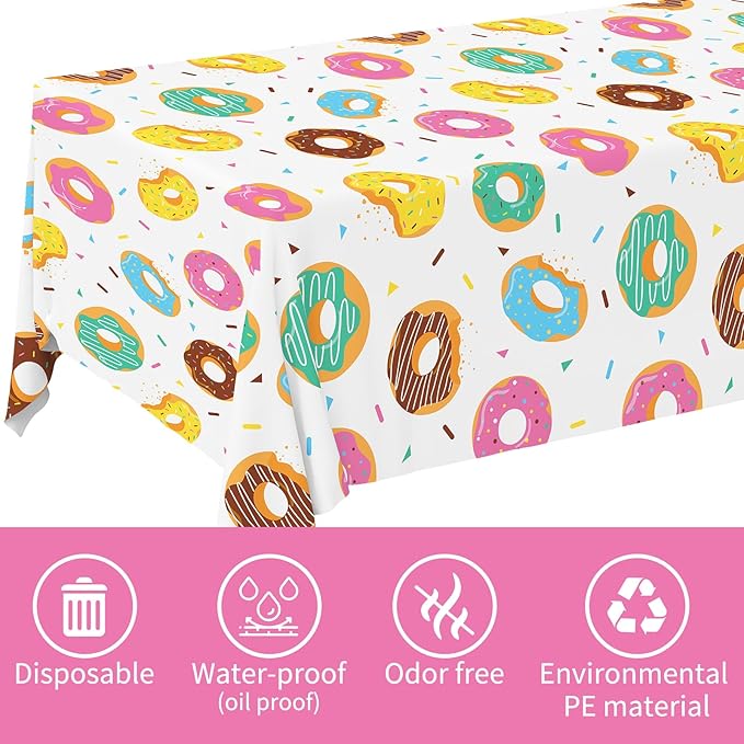Gatherfun Donut Party Supplies: 2-Pack Donut Birthday Party Decorations,Disposable Plastic Tablecloth, Ideal Table Cover for Two Sweet Birthday, Baby Shower & Themed Parties, 54 x 108 Inch