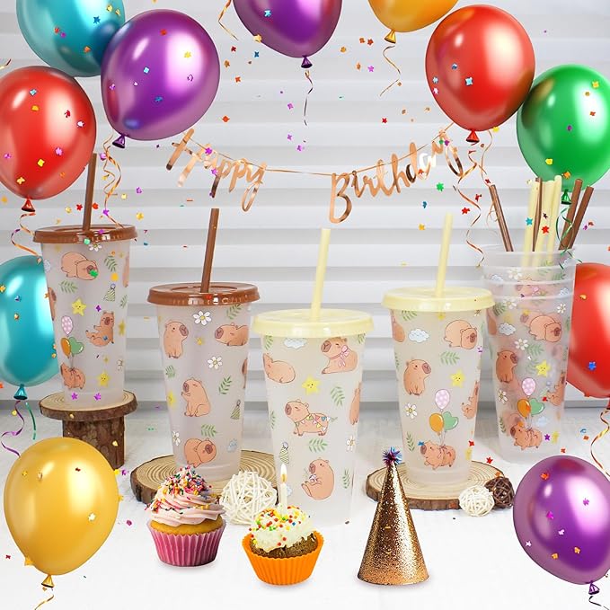 12 Pcs Capybara Birthday Decorations Plastic Cups with Lid and Straw 24 oz Capybara Cups for Party Favors Baby Shower Supplies