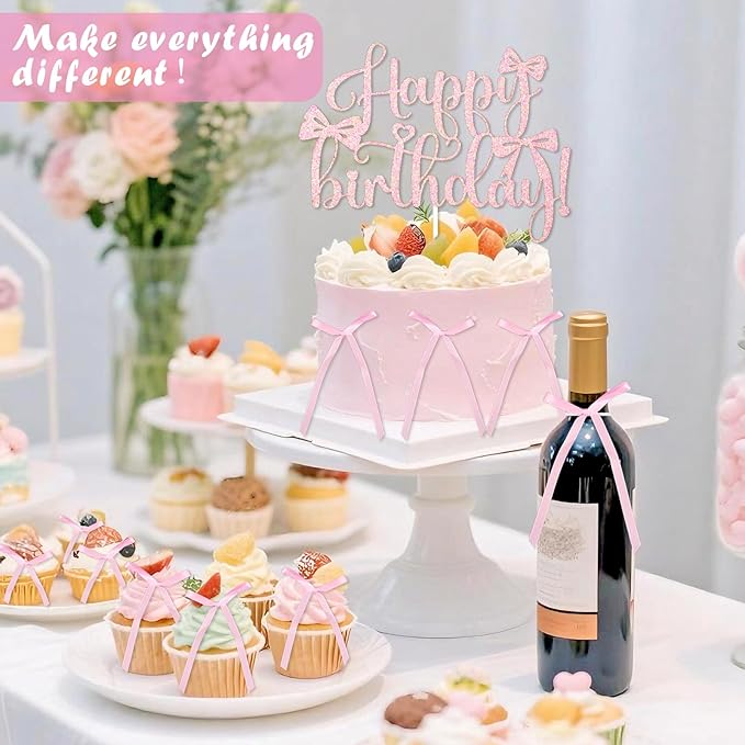 6 PCS Bow Cake Toppers Pink Bow Birthday Decorations Coquette Birthday Decorations Bows for Cake Wedding Party High Footed Cup Balloons Anniversary Party Supplies