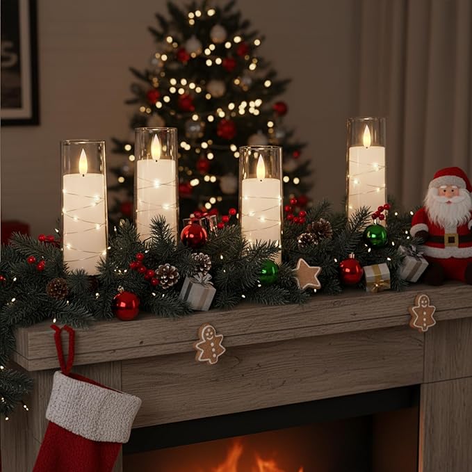 Raycare Flameless Candle with Remote Timer – 5 Flickering Acrylic Battery Operated LED Pillar Candles with Embedded Star String for Christmas, Home Decor, and as a Gift(White)