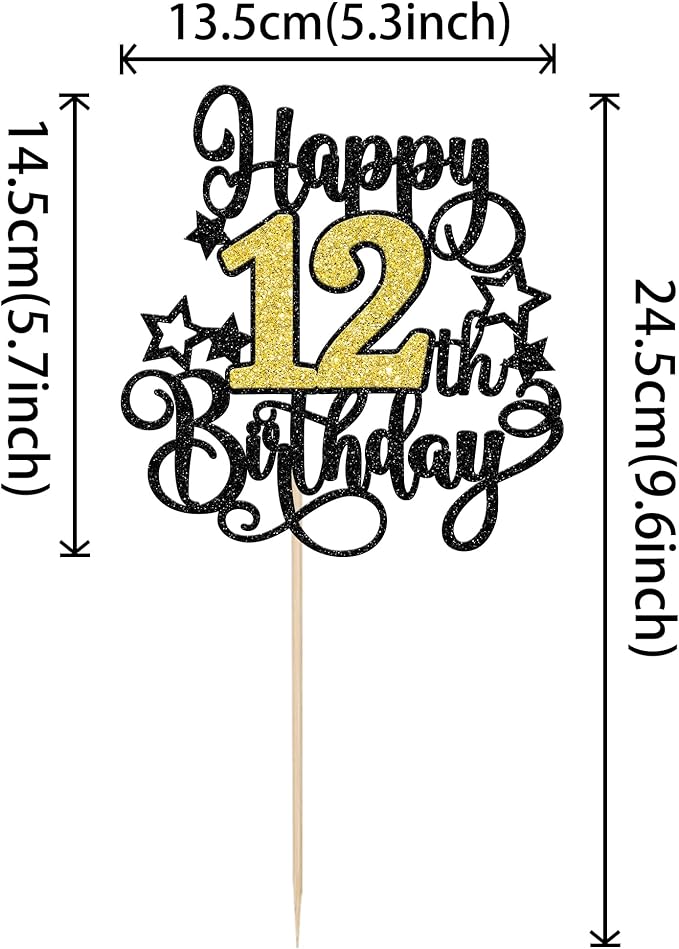 1 PCS Happy 12th Birthday Cake Topper Black Gold Glitter Cheers to 12 Years Birthday Cake Pick Hello 12 Fabulous Cake Decoration for Happy 12th Birthday Anniversary Party Decorations Supplies