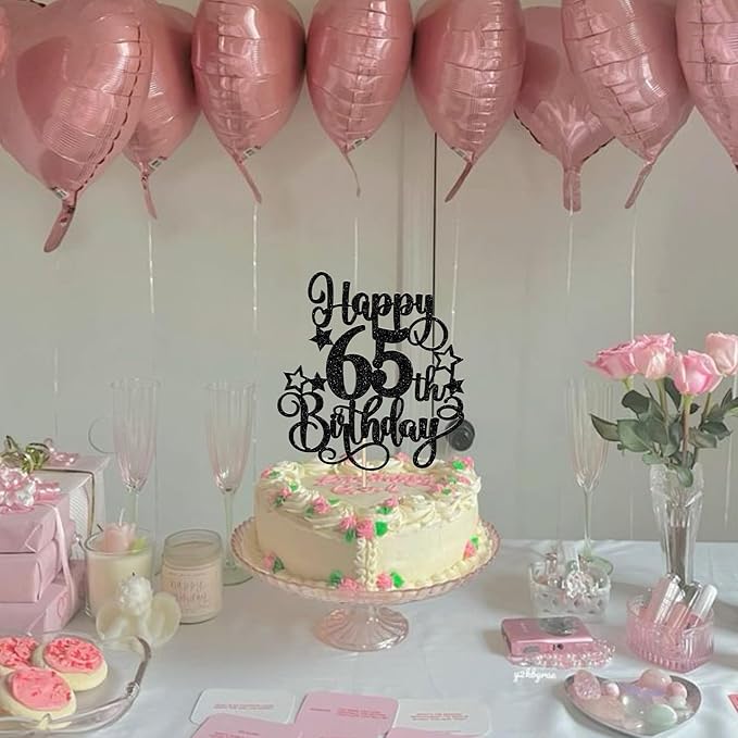 1 PCS Happy 65th Birthday Cake Topper Glitter Cheers to 65 Years Birthday Cake Pick Hello 65 Fabulous Cake Decoration for Happy 65th Birthday Anniversary Party Decorations Supplies Black