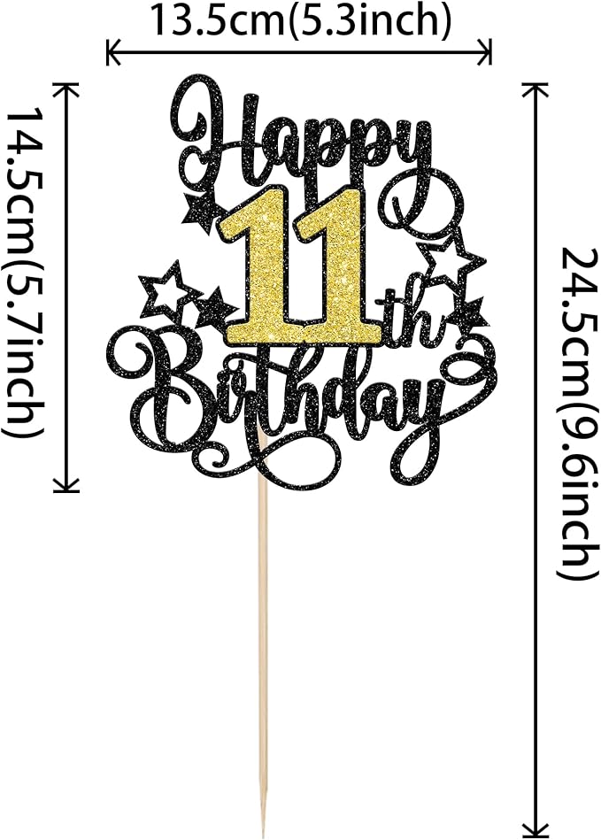 1 PCS Happy 11th Birthday Cake Topper Black Gold Glitter Cheers to 11 Years Birthday Cake Pick Hello 11 Fabulous Cake Decoration for Happy 11th Birthday Anniversary Party Decorations Supplies