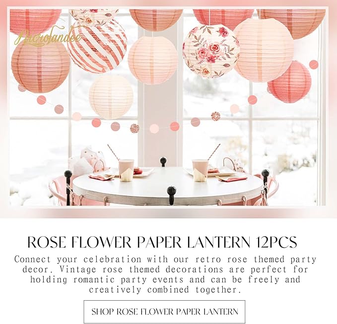 NICROLANDEE Wedding Party Decorations - 12PCS Rose Gold Vintage Floral Paper Lantern Hanging Decorations for Bridal Shower Anniversary Baby Shower Bachelorette Birthday, Valentines Day Party Decor