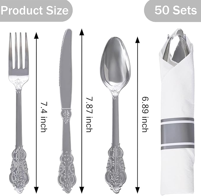 WELLIFE 50 Pack Silver Plastic Silverware,Christmas Silverware,Plastic Cutlery Set Include 50 Forks, 50 Knives, 50 Spoons and 50 Pre Rolled Napkins, Disposable Utensils for Party and Christmas