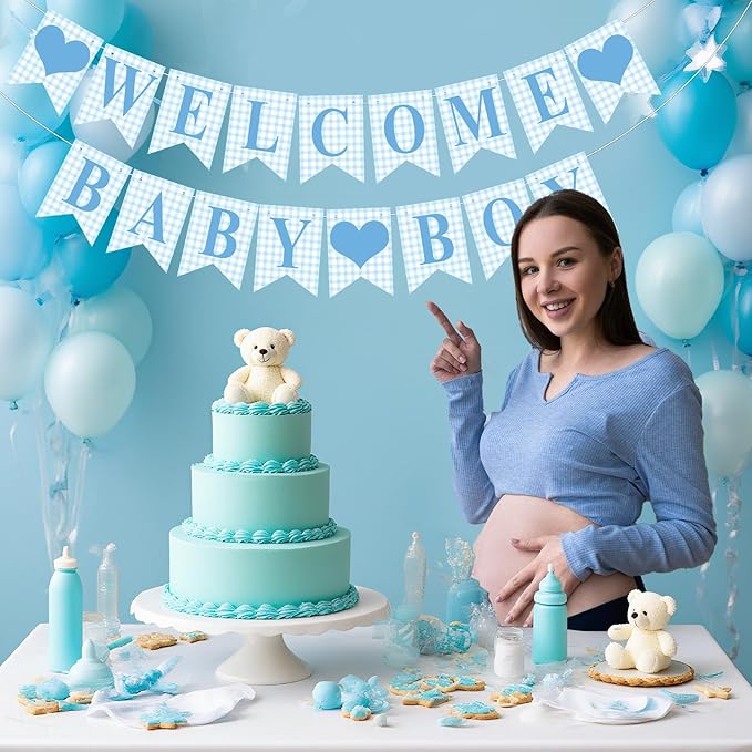 1 Pcs Blue Gingham Welcome Baby Boy Banner for Baby Shower Party Decorations Pre Strung Gender Reveal Paper Banner for Table, Wall, Mantel Display Party Decor Supplies