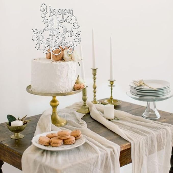 1 PCS Happy 45th Birthday Cake Topper Glitter Cheers to 45 Years Birthday Cake Pick Hello 45 Fabulous Cake Decoration for Happy 45th Birthday Anniversary Party Decorations Supplies silver