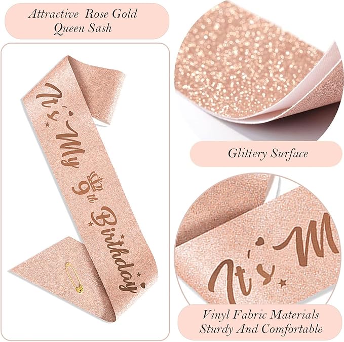 9th Birthday Decorations for Girls, Including 9 year old Birthday Cake Topper, Queen Sash with Pearl Pin, Sweet Rhinestone Tiara Crown, Number Candles and Balloons Set, Rose Gold