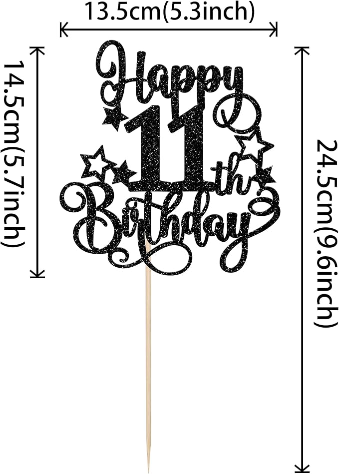 1 PCS Happy 11th Birthday Cake Topper Glitter Cheers to 11 Years Birthday Cake Pick Hello 11 Fabulous Cake Decoration for Happy 11th Birthday Anniversary Party Decorations Supplies Black