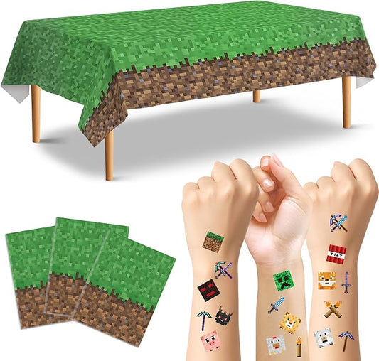 Bigear 3PCS Pixel Tablecovers with 54PCS Temporary Tattoos,Waterproof Oil-Proof Plastic Table Cloth,Video Game Party Birthday Party Decorations,Gamer Birthday Tablecloth Party Supplies