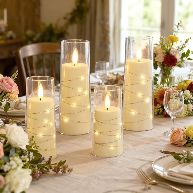 Raycare Flameless Candle with Remote Timer – 5 Flickering Acrylic Battery Operated LED Pillar Candles with Embedded Star String for Halloween, Home Decor, and as a Gift(Ivory)